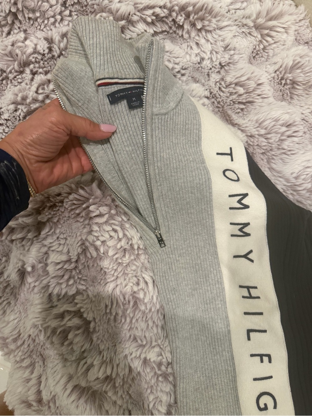Tommy Hilfiger Women’s Quarter-Zip Ribbed Sport Sweater - Gray/Black - Picture 4 of 8